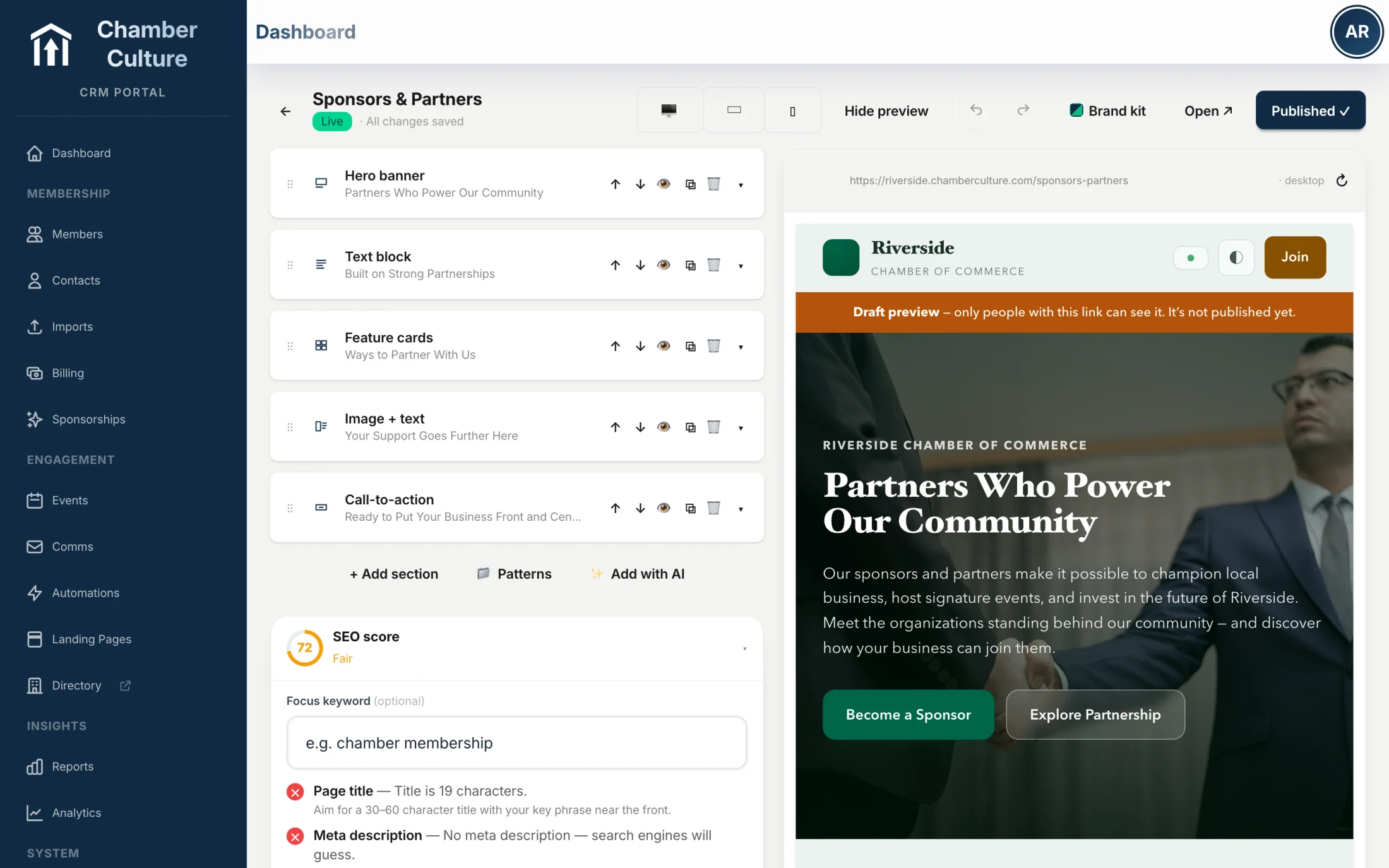 The Chamber Sites page builder