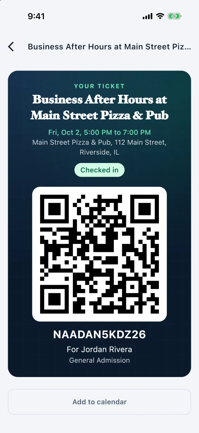 A member's event ticket in the app, with the event details and a QR code to scan at the door.
