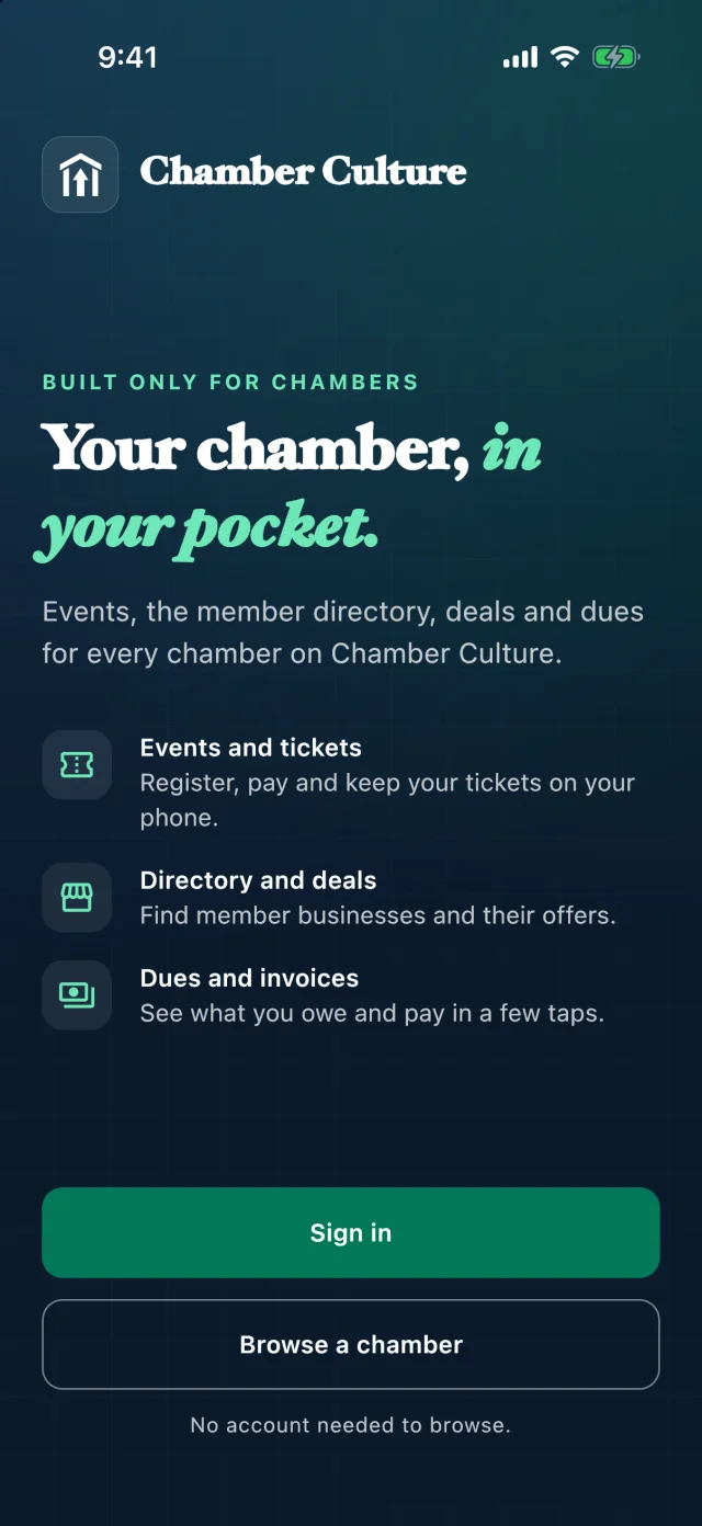 The app's welcome screen: Your chamber, in your pocket, with events, the directory and dues listed.