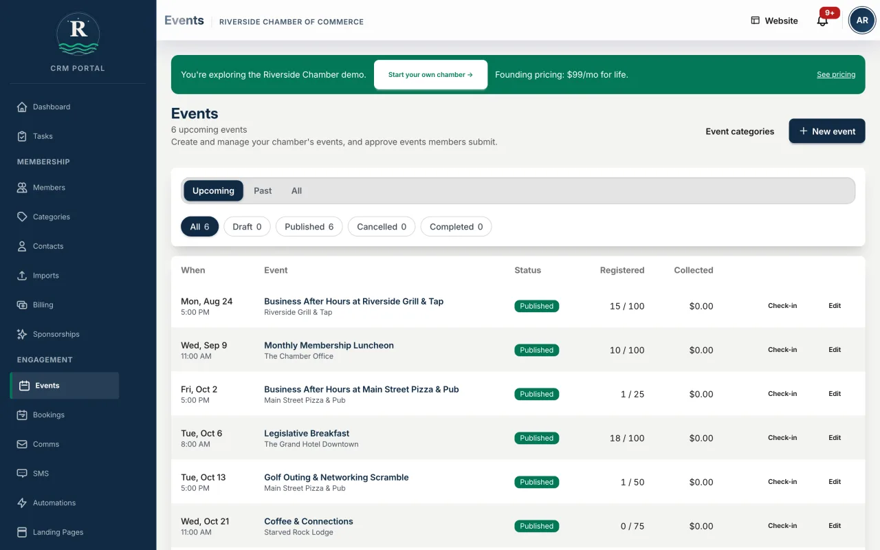 Online registration and check-in tools sync directly with your member database.