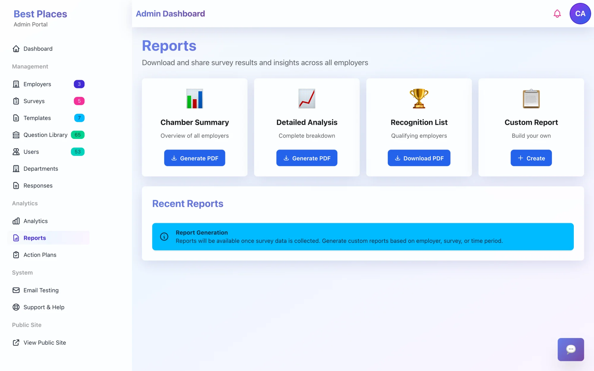 Reports and exports center