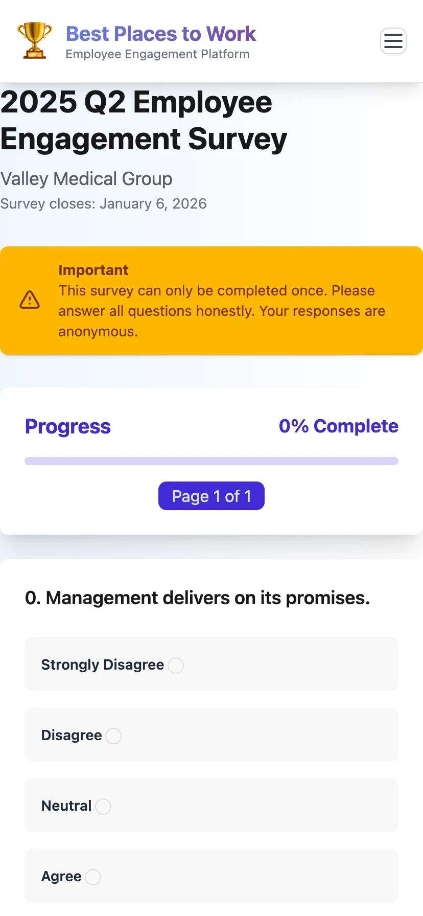 Anonymous employee engagement survey on a mobile phone